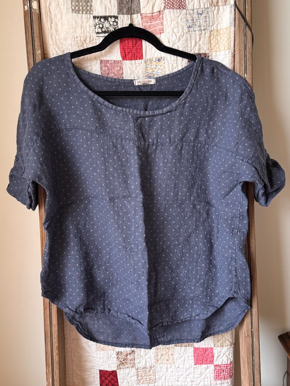 Linen Navy Dot Short Sleeve Blouse